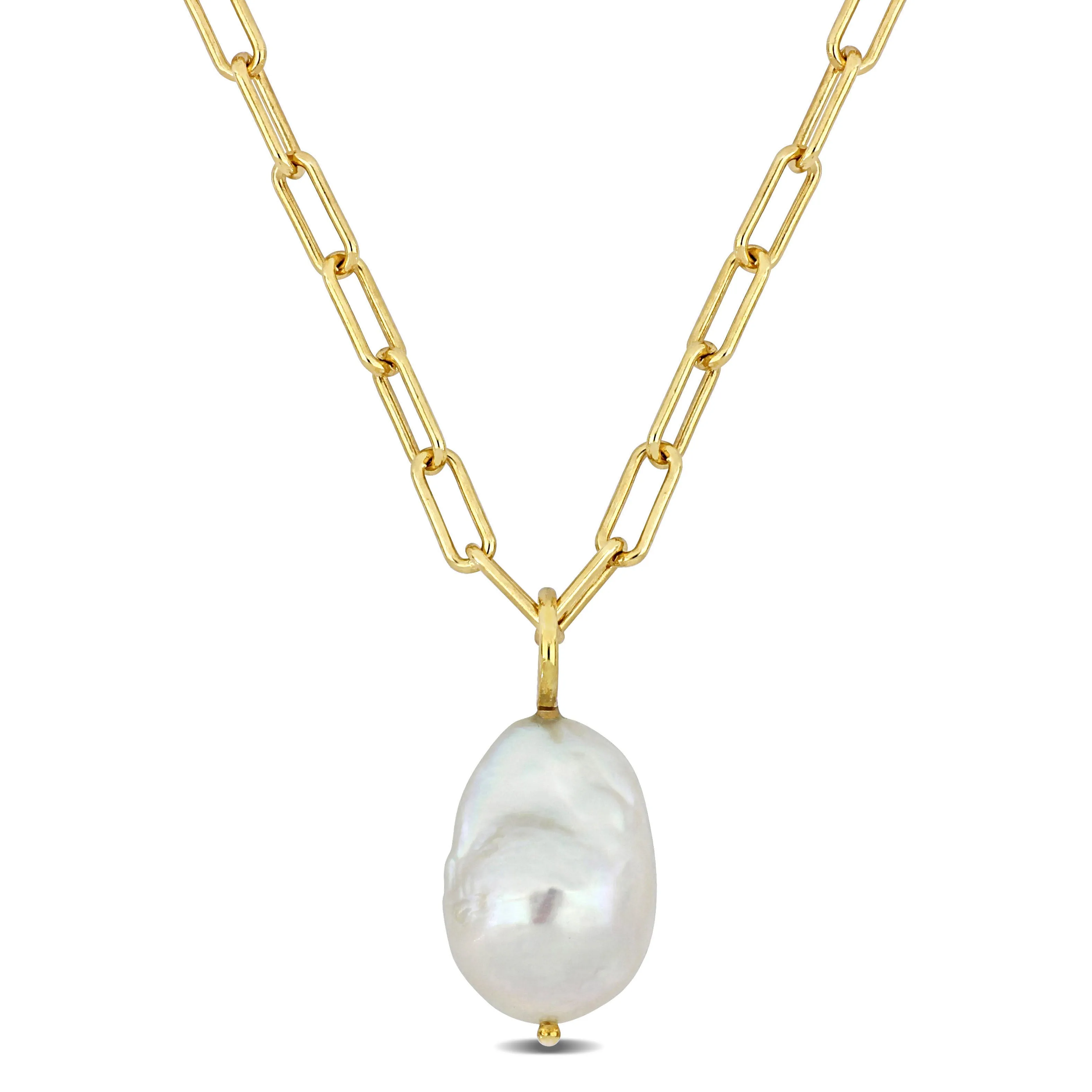 13-14 MM Natural Shape Cultured Freshwater Pearl and 3.5 MM Oval Link Necklace in 18k Gold Plated Sterling Silver (18 Inches)