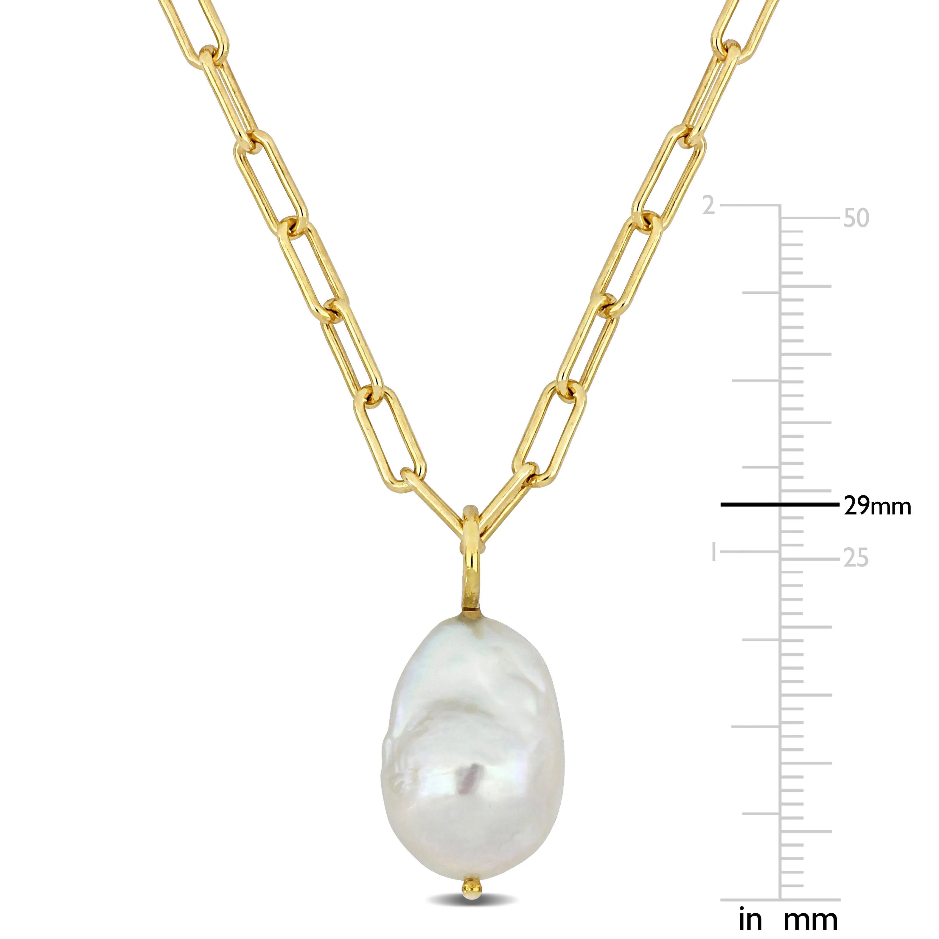13-14 MM Natural Shape Cultured Freshwater Pearl and 3.5 MM Oval Link Necklace in 18k Gold Plated Sterling Silver (18 Inches)