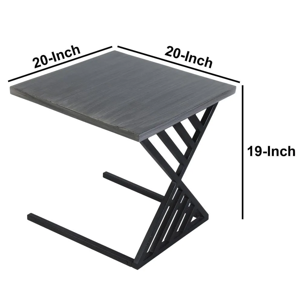 20 Inch Industrial Side End Table, Square Wood Top, C Shape Geometric Metal Frame, Gray, Black By The Urban Port