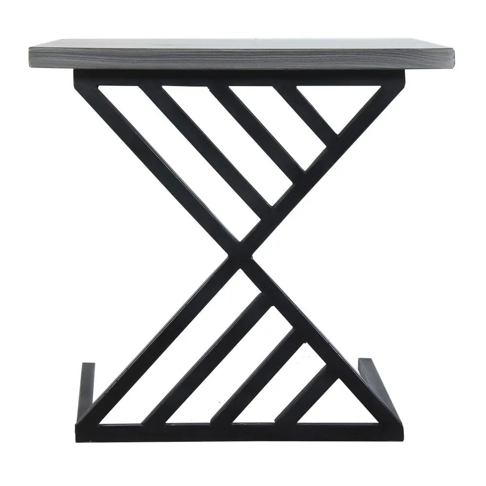 20 Inch Industrial Side End Table, Square Wood Top, C Shape Geometric Metal Frame, Gray, Black By The Urban Port