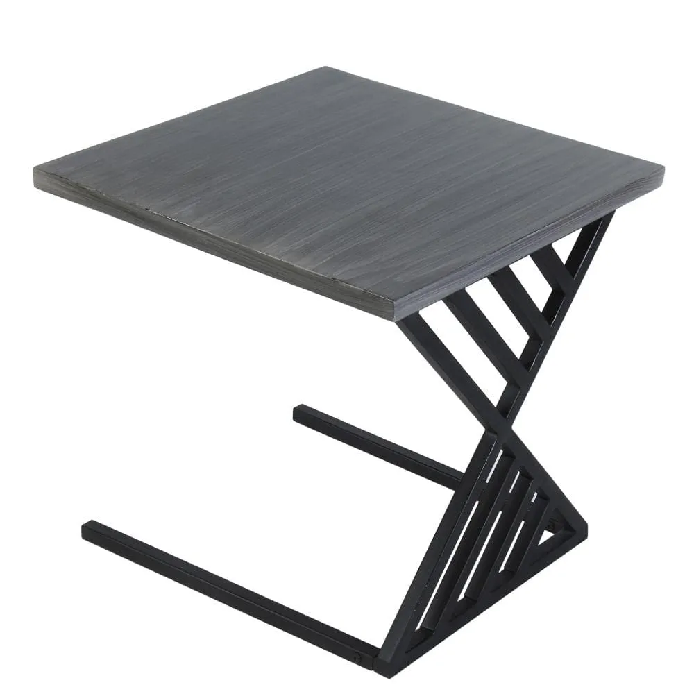 20 Inch Industrial Side End Table, Square Wood Top, C Shape Geometric Metal Frame, Gray, Black By The Urban Port