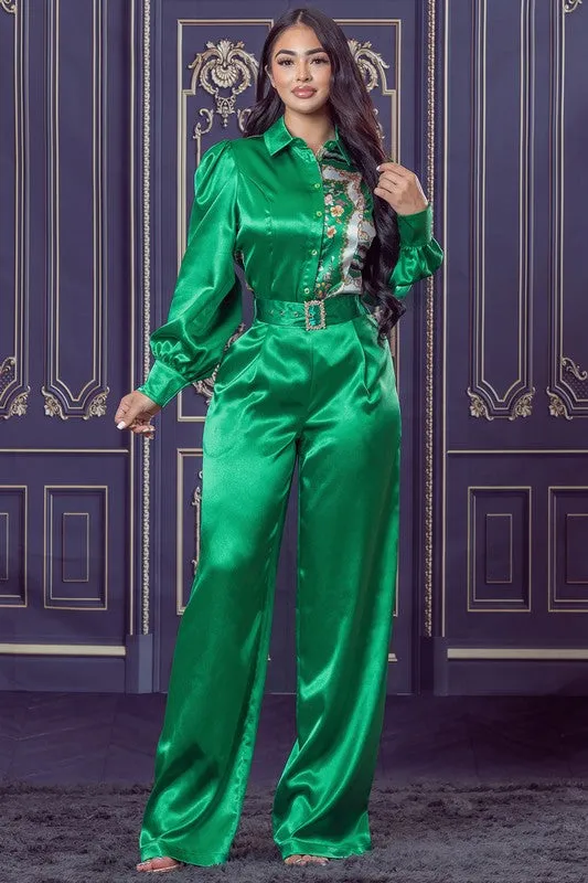 Apple Green Chain and Floral Satin Top and Pants Set