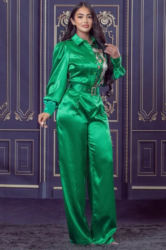 Apple Green Chain and Floral Satin Top and Pants Set
