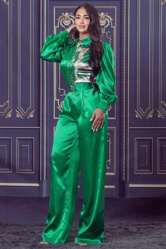 Apple Green Chain and Floral Satin Top and Pants Set