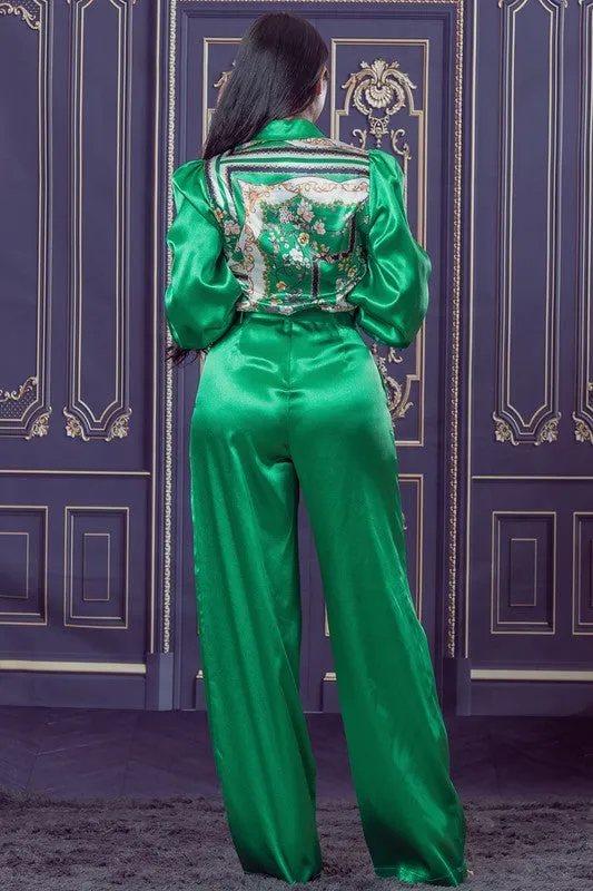 Apple Green Chain and Floral Satin Top and Pants Set