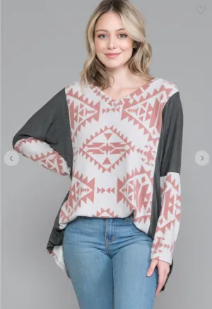 Aztec Print Top with Contrast Sleeve