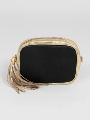 Beau - Italian Leather Crossbody Bag - Black/Gold, Pebbled