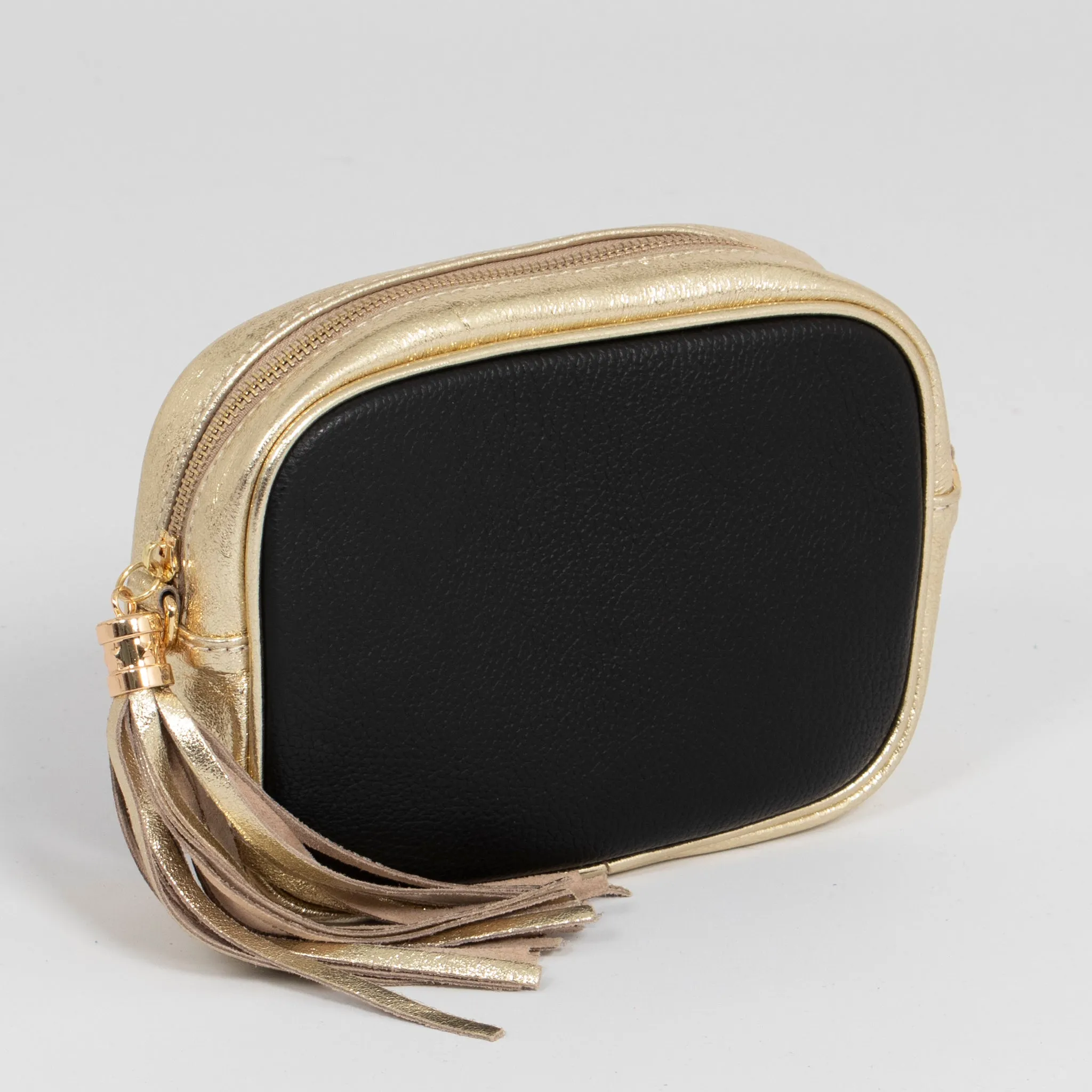 Beau - Italian Leather Crossbody Bag - Black/Gold, Pebbled