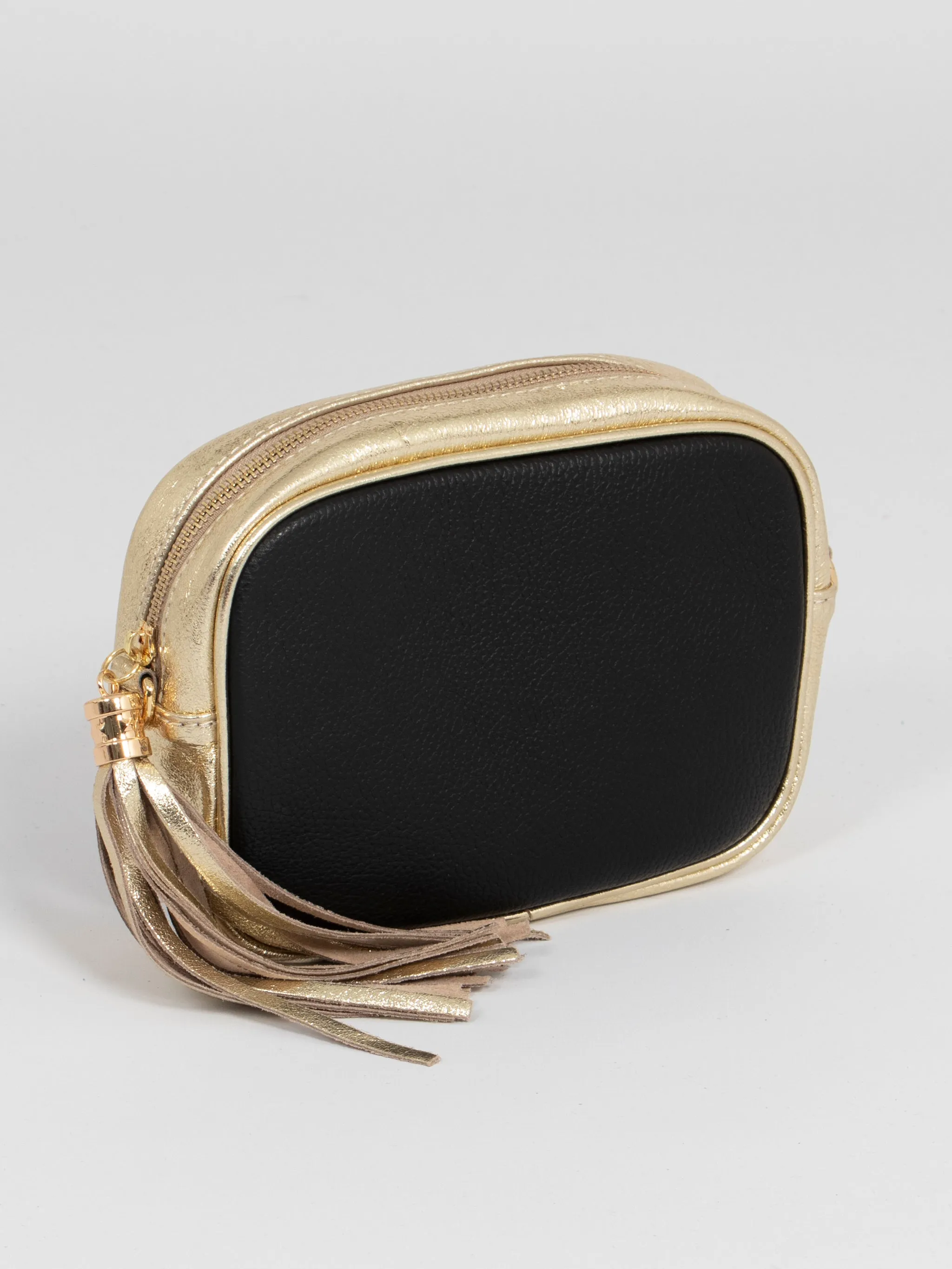 Beau - Italian Leather Crossbody Bag - Black/Gold, Pebbled