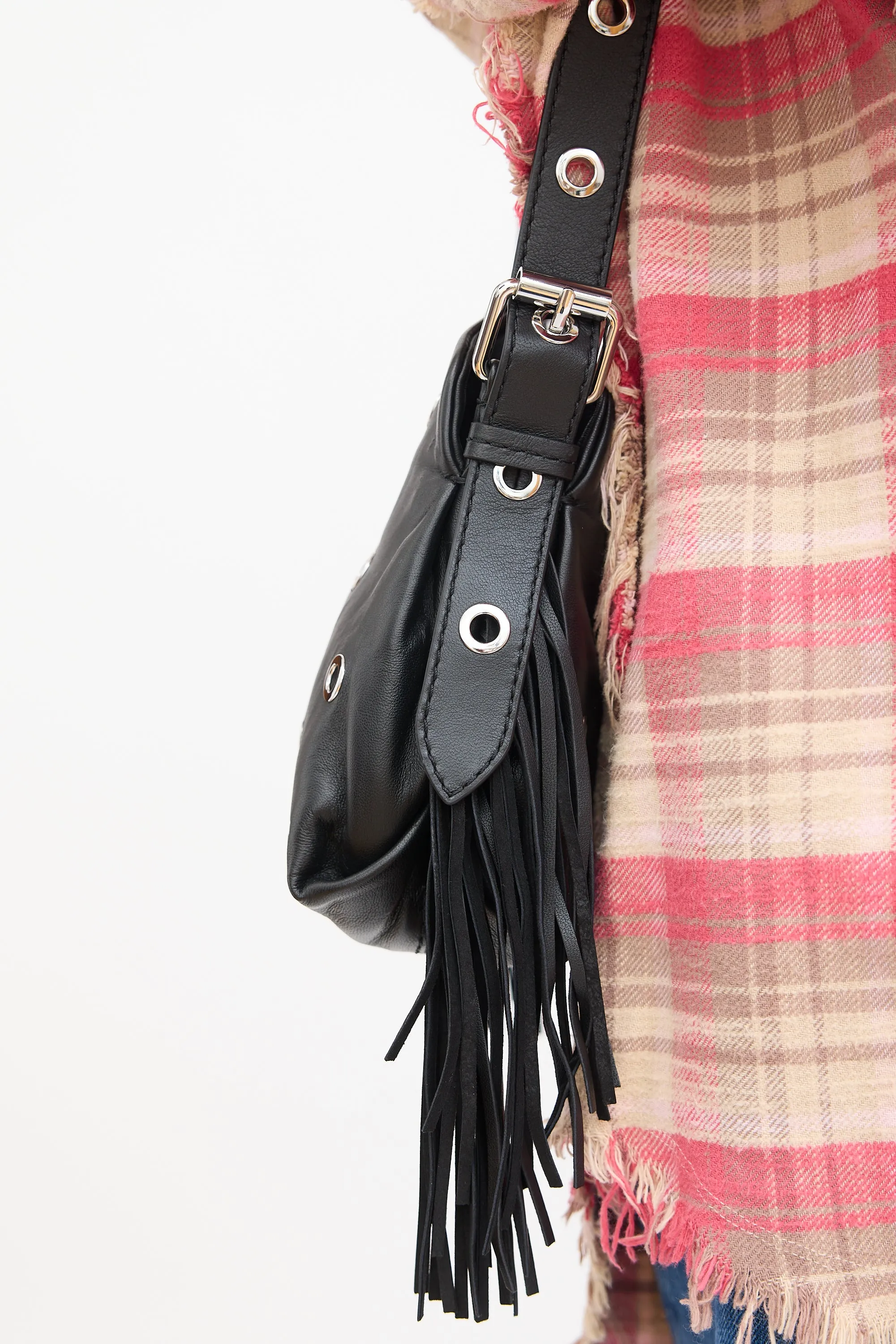 Black Leather Grommet Embellished Crossbody Bag