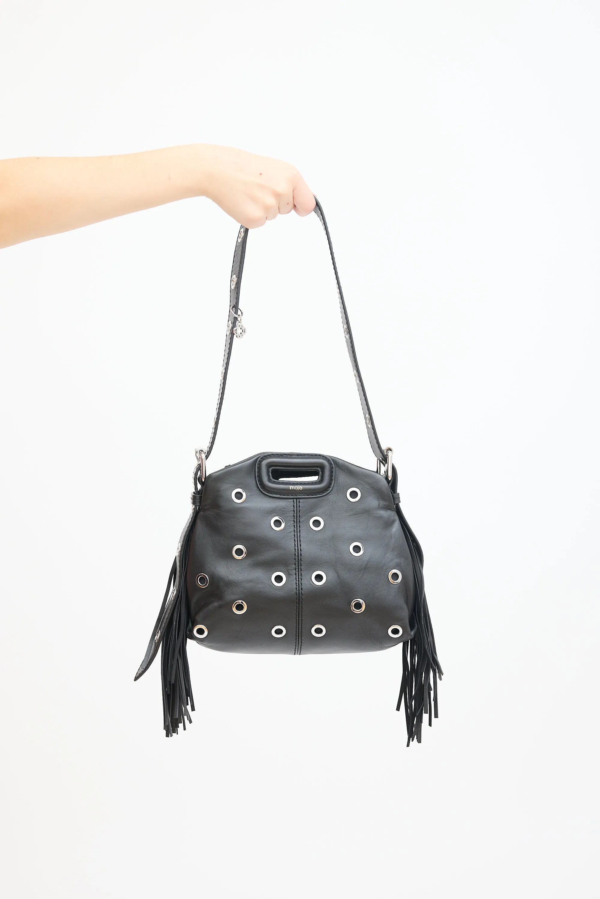 Black Leather Grommet Embellished Crossbody Bag