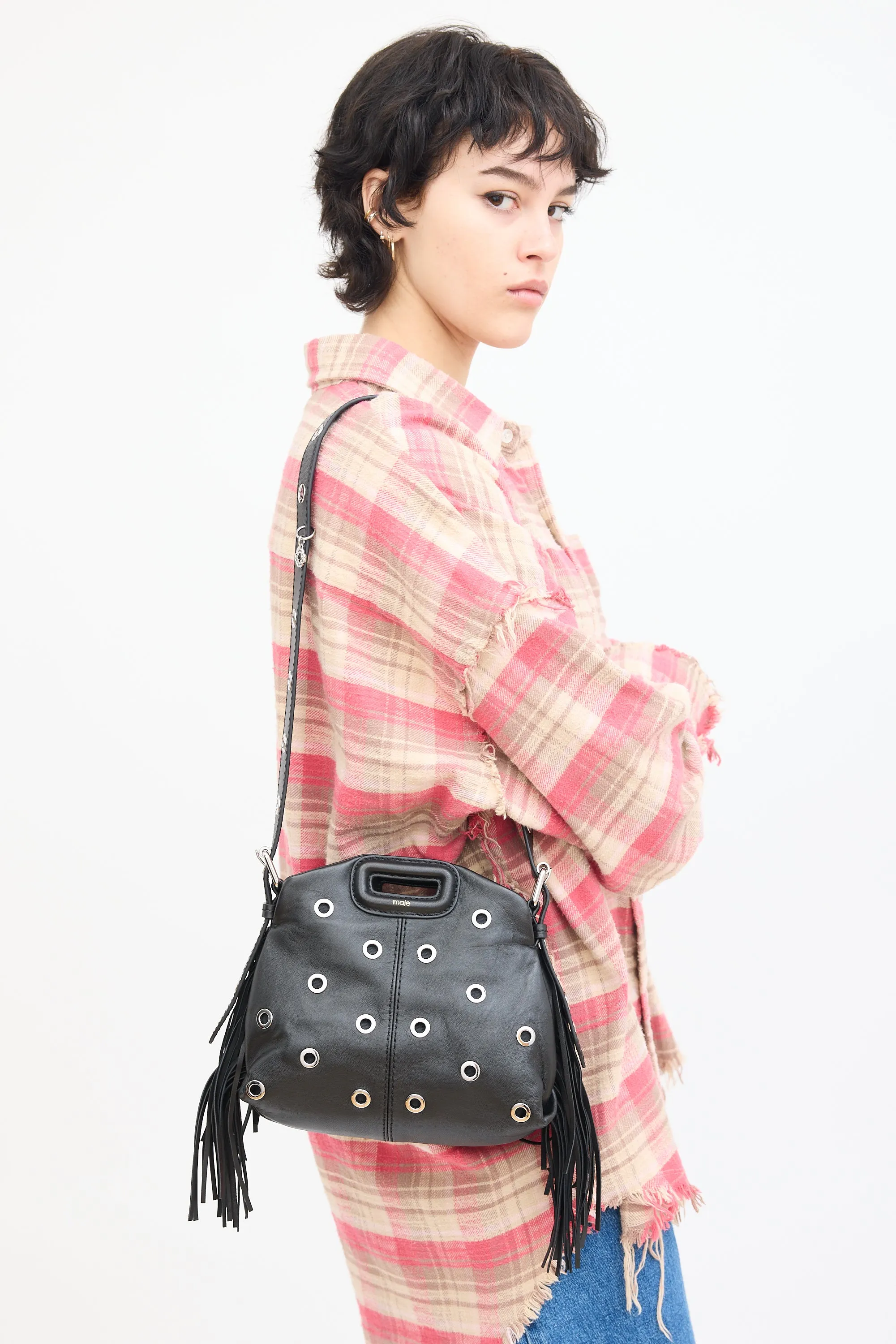 Black Leather Grommet Embellished Crossbody Bag