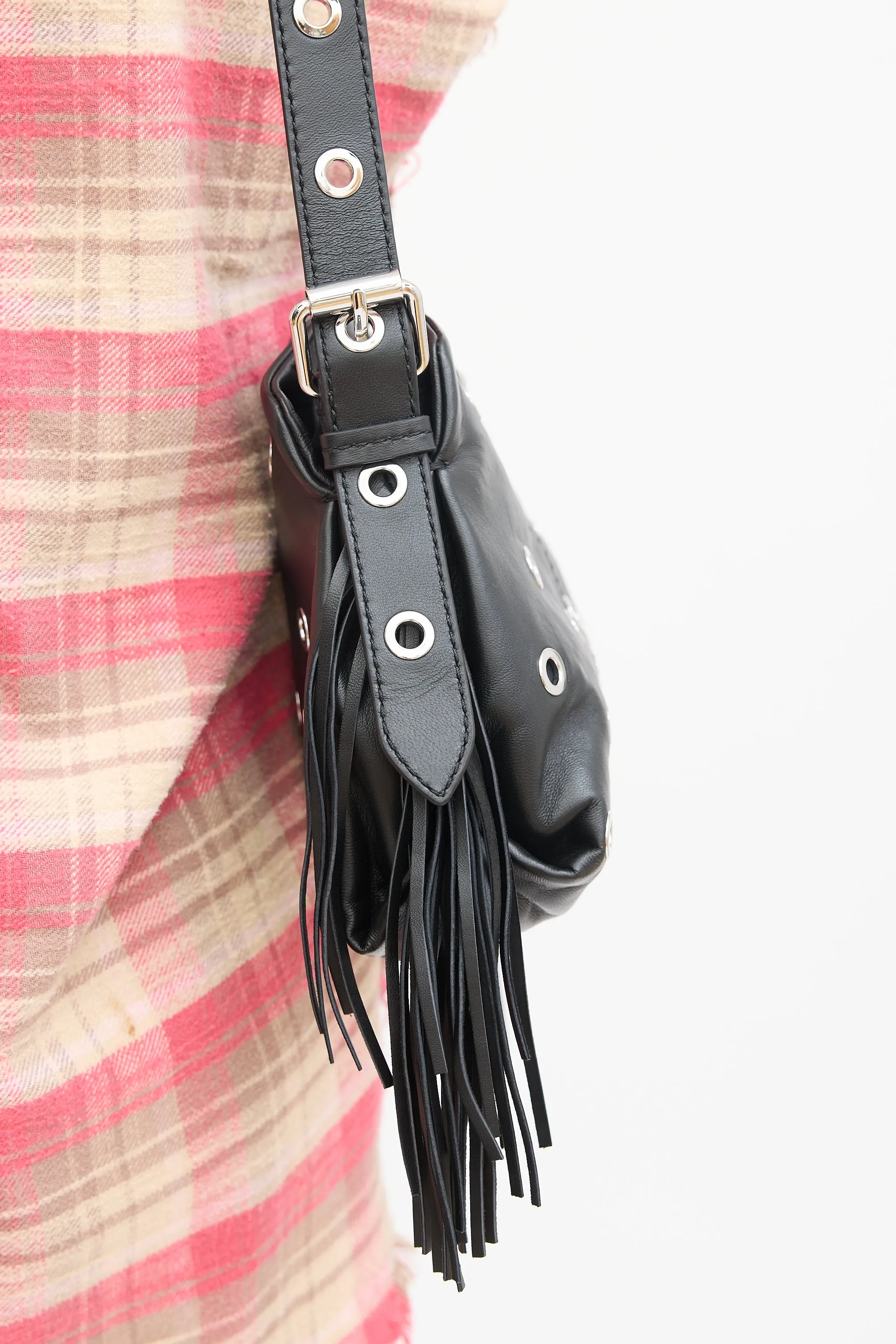 Black Leather Grommet Embellished Crossbody Bag