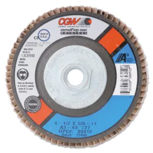 CGW Abrasives Flap Discs, A3 Aluminum Oxide, XL, 4 1/2", 40 Grit, 7/8 Arbor, 13,300 rpm, T27, 39442