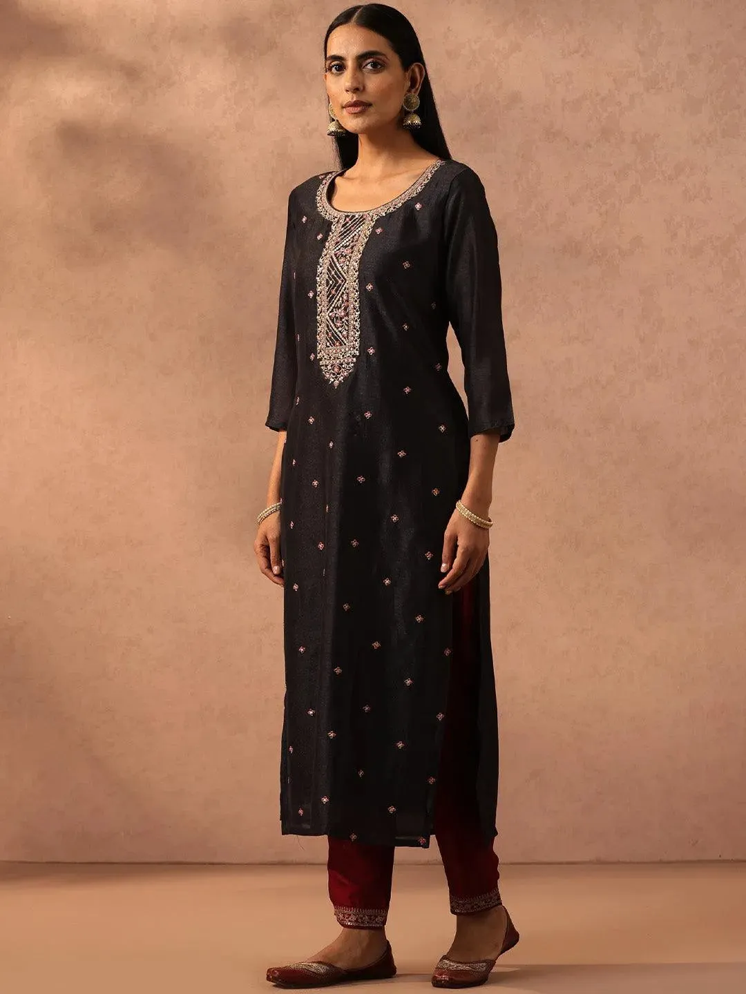 Charcoal Self Design Silk Straight Kurta