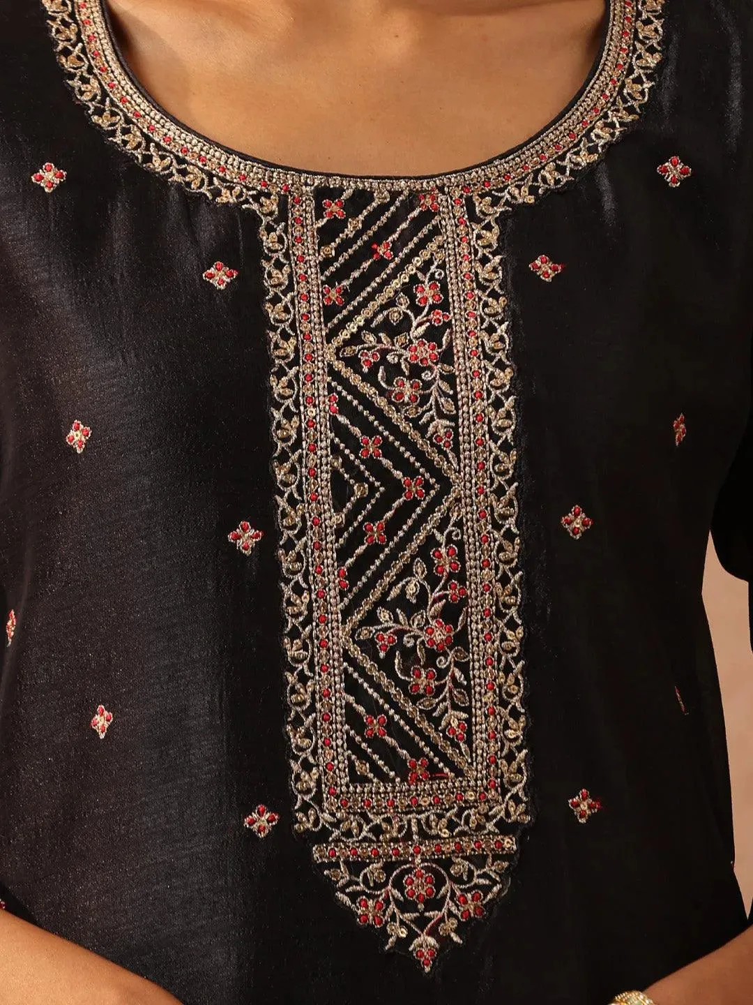 Charcoal Self Design Silk Straight Kurta