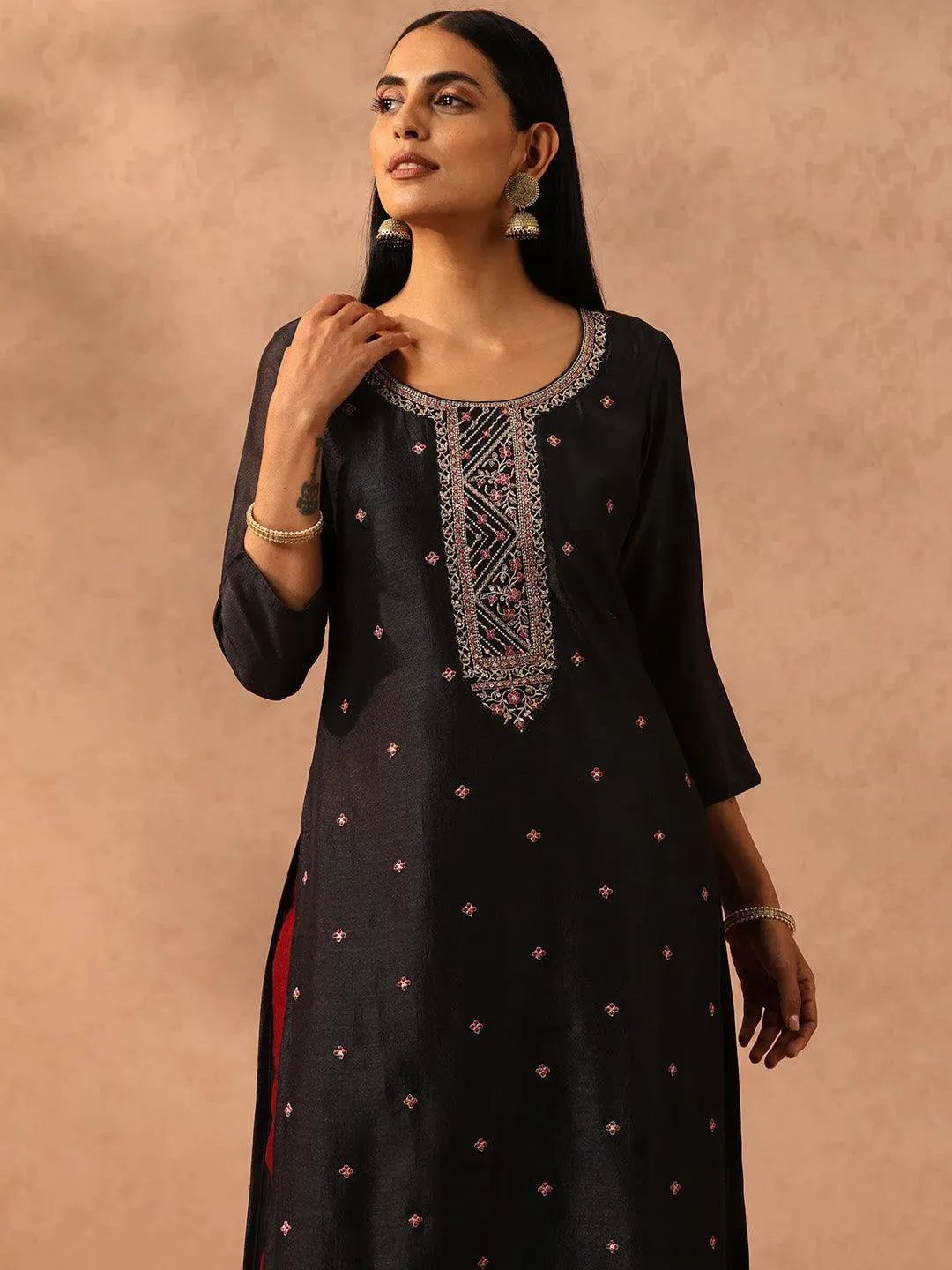 Charcoal Self Design Silk Straight Kurta