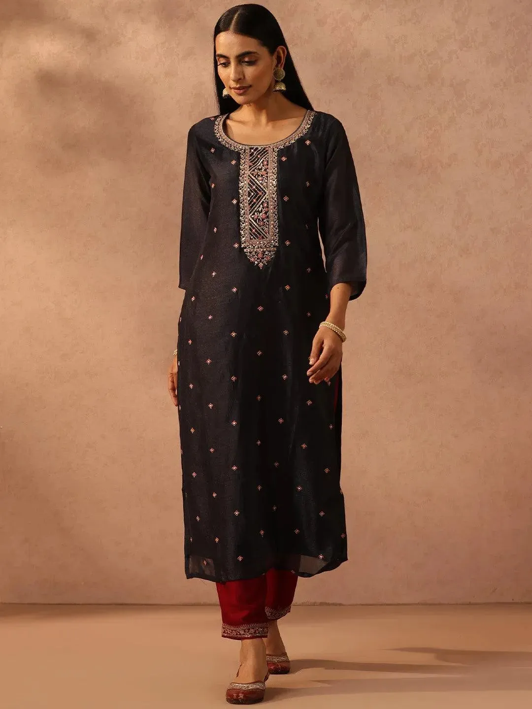 Charcoal Self Design Silk Straight Kurta
