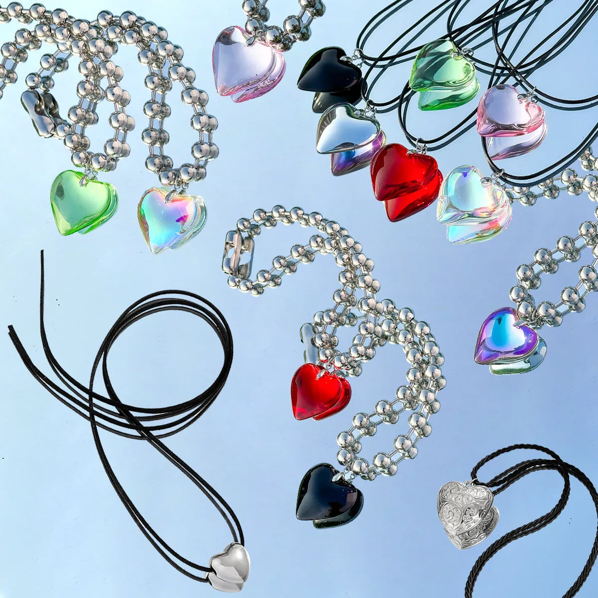 Colorful Peach Heart Pattern Heart-Shaped Beaded Chain Necklace