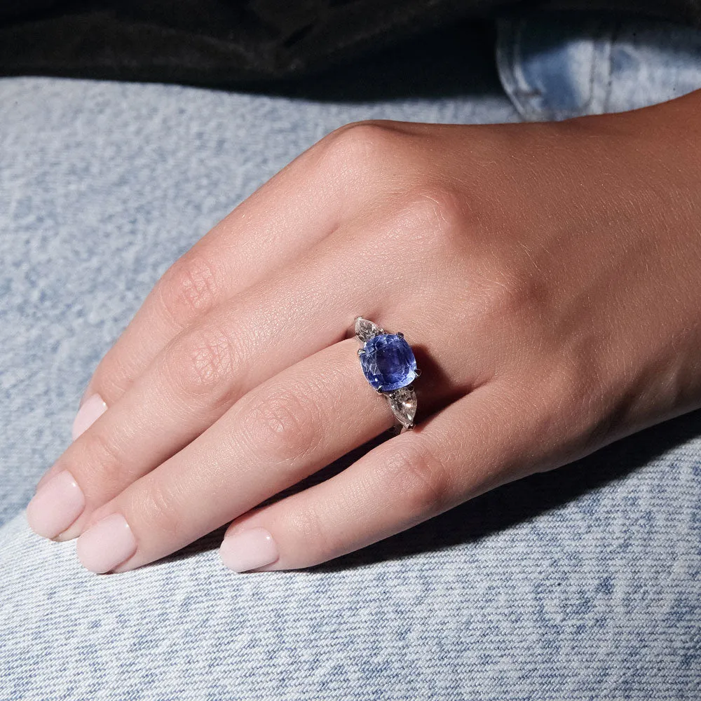 Cushion Sapphire Three Stone Diamond Ring
