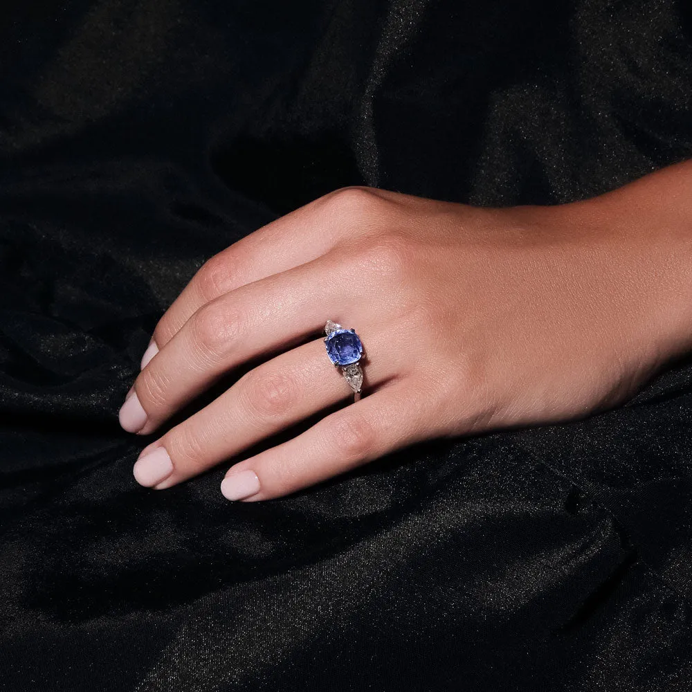 Cushion Sapphire Three Stone Diamond Ring