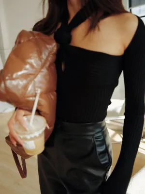 Cut Out Off Shoulder Skinny T Shirt For Women Halter Long Sleeve Solid Knitting Sexy Minimalist T Shirts Female Clothing