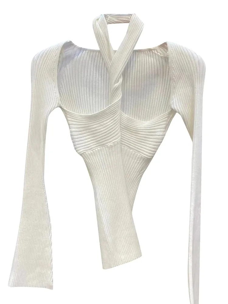 Cut Out Off Shoulder Skinny T Shirt For Women Halter Long Sleeve Solid Knitting Sexy Minimalist T Shirts Female Clothing