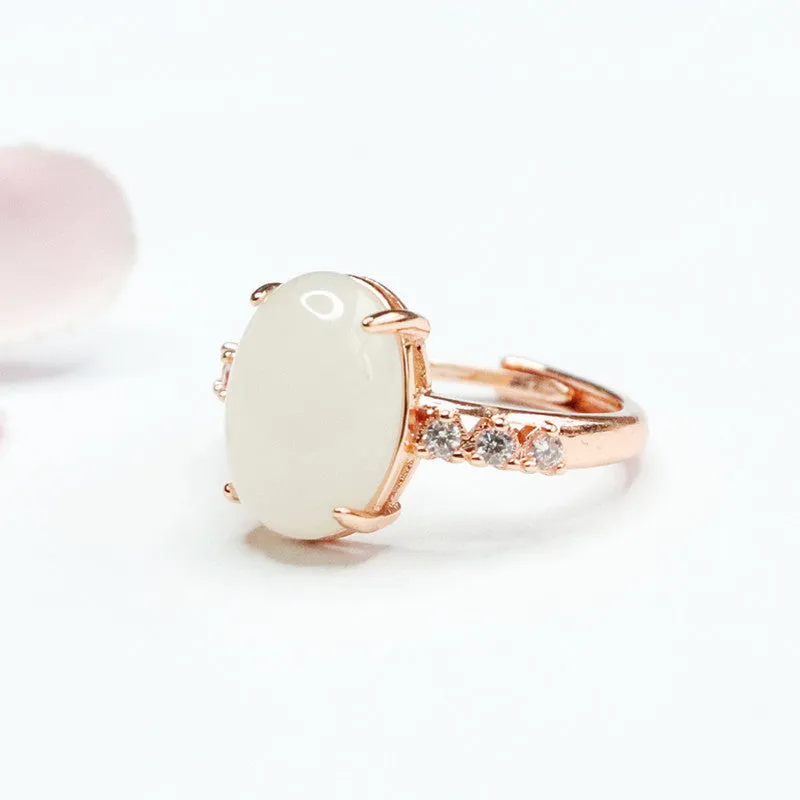 Elegant Natural Hotan Jade Ring with Zircon Gems
