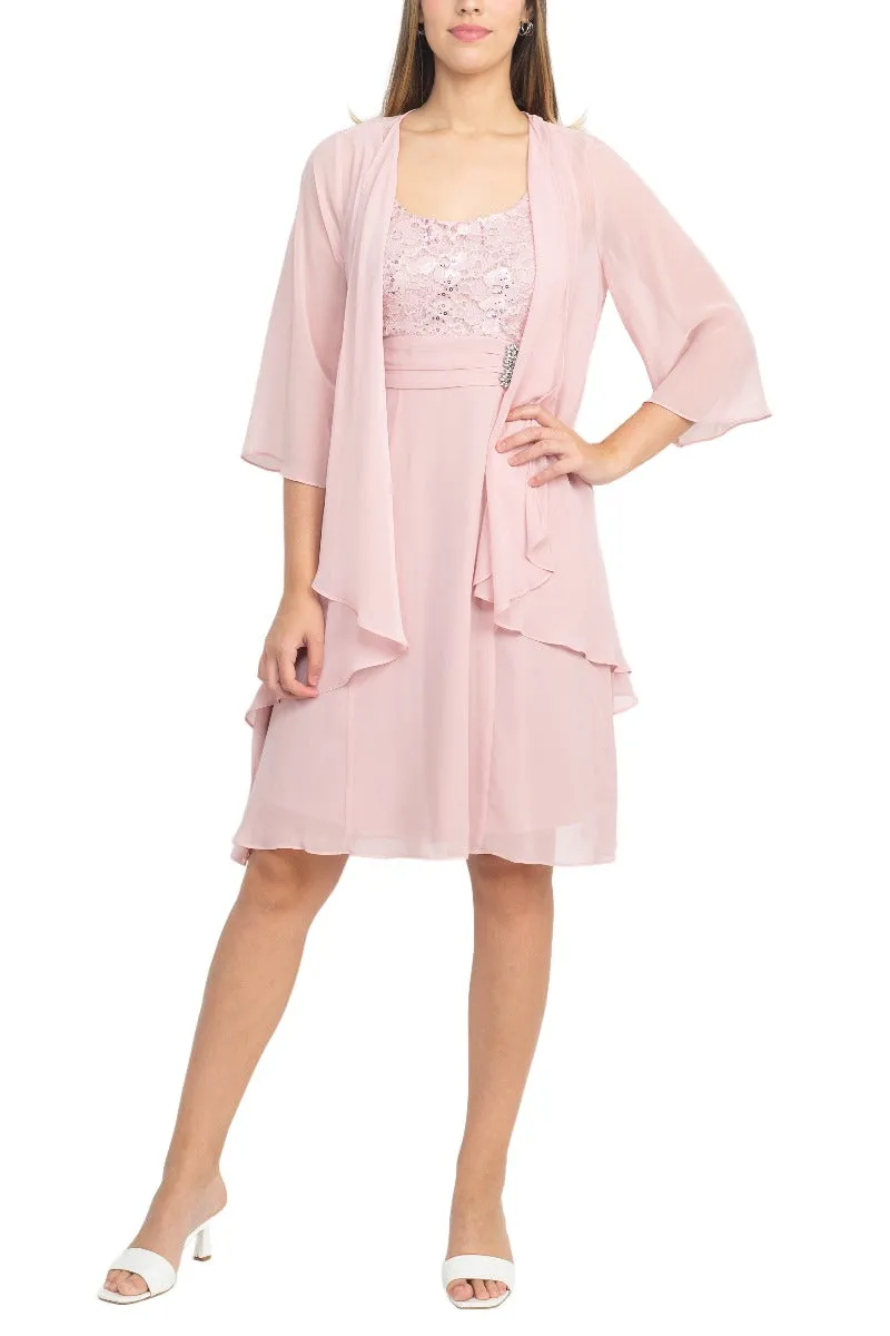 Final Sale Item: SL Fashion Scoop Neck Sleeveless Floral Lace Bodice Embellished Waist Dress with 3/4 Sleeve Open Front Jacket