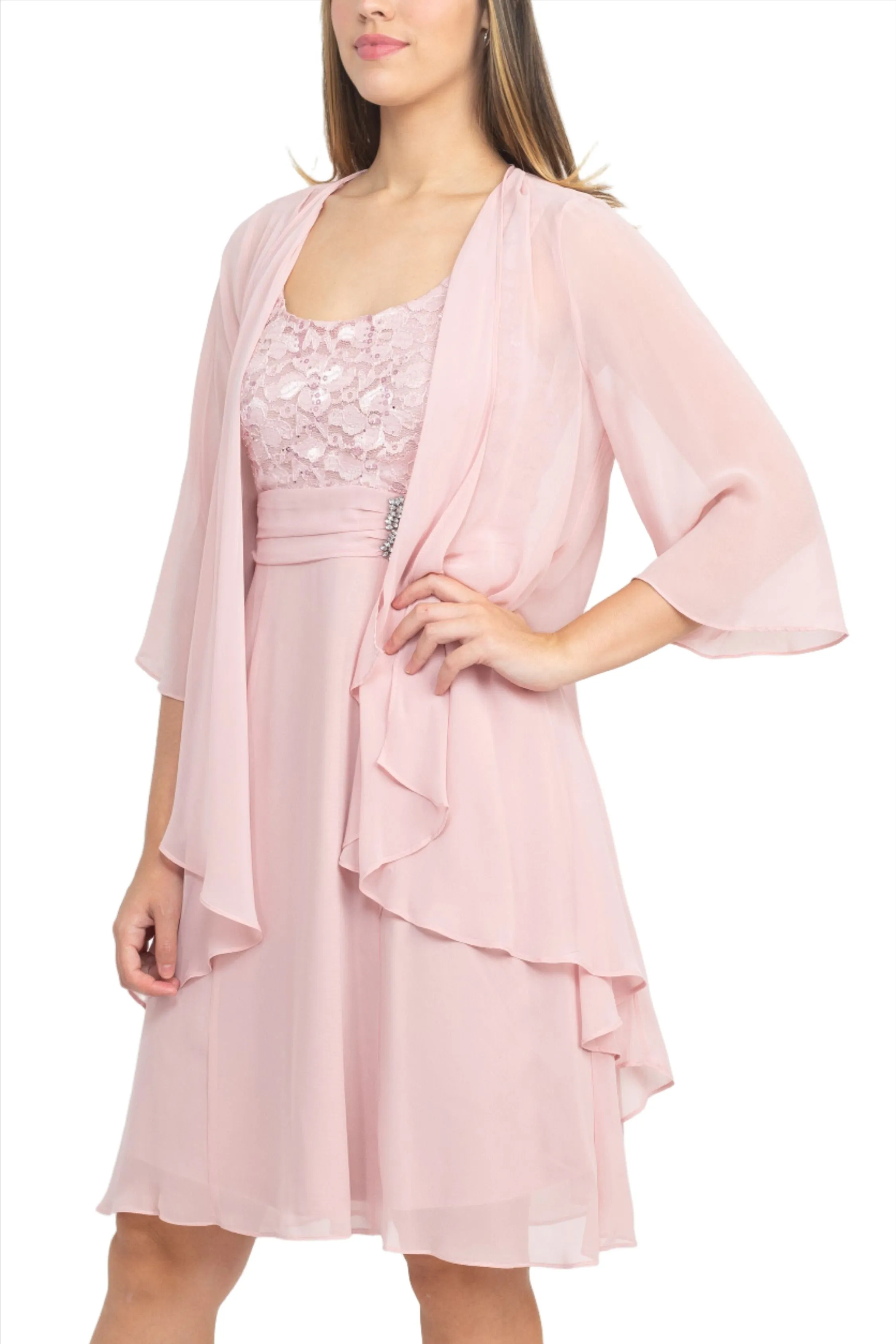 Final Sale Item: SL Fashion Scoop Neck Sleeveless Floral Lace Bodice Embellished Waist Dress with 3/4 Sleeve Open Front Jacket