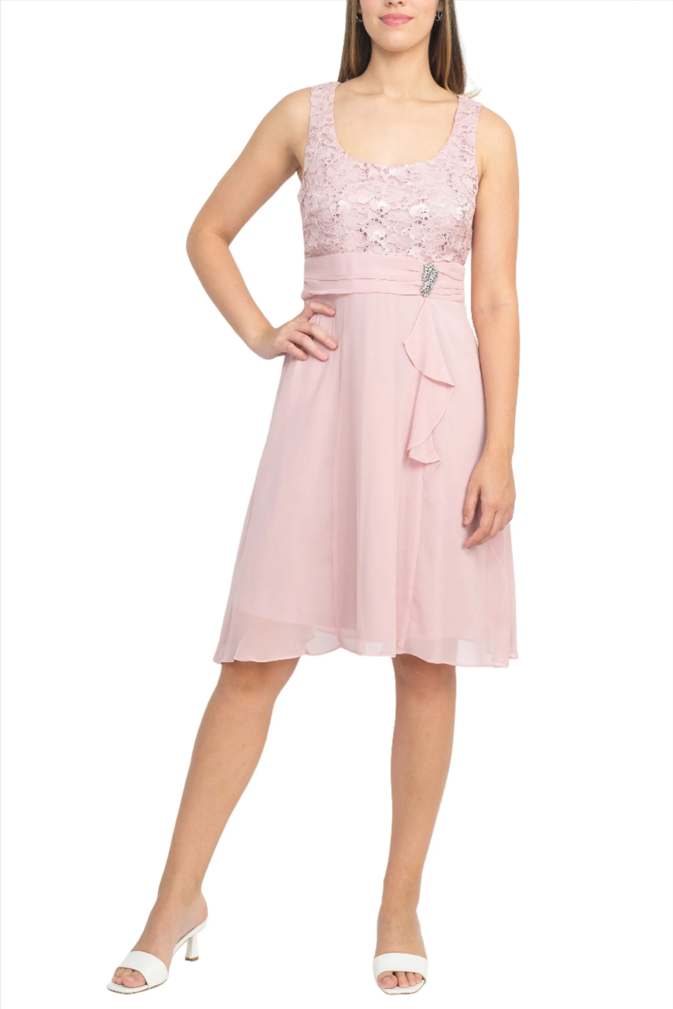 Final Sale Item: SL Fashion Scoop Neck Sleeveless Floral Lace Bodice Embellished Waist Dress with 3/4 Sleeve Open Front Jacket