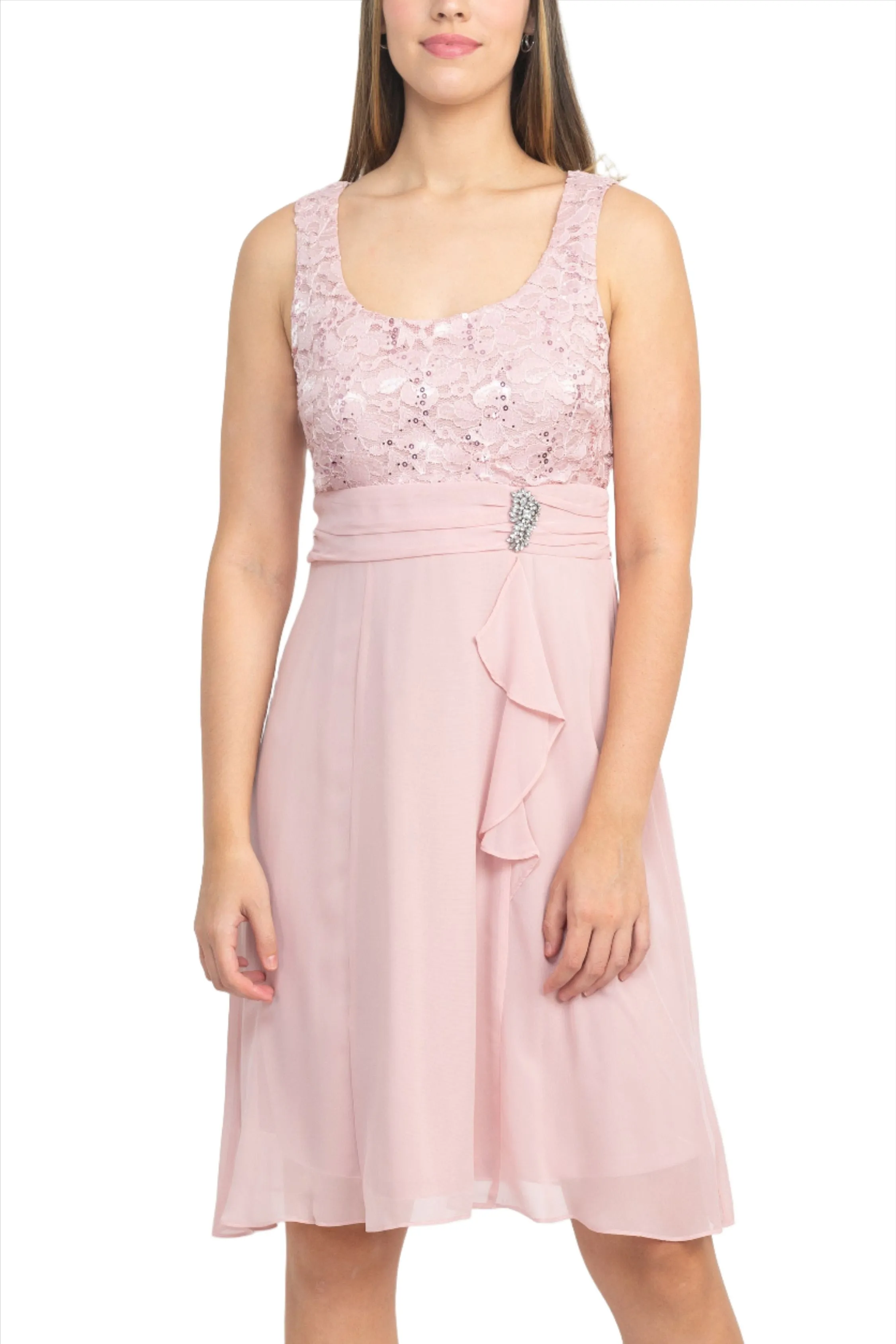 Final Sale Item: SL Fashion Scoop Neck Sleeveless Floral Lace Bodice Embellished Waist Dress with 3/4 Sleeve Open Front Jacket