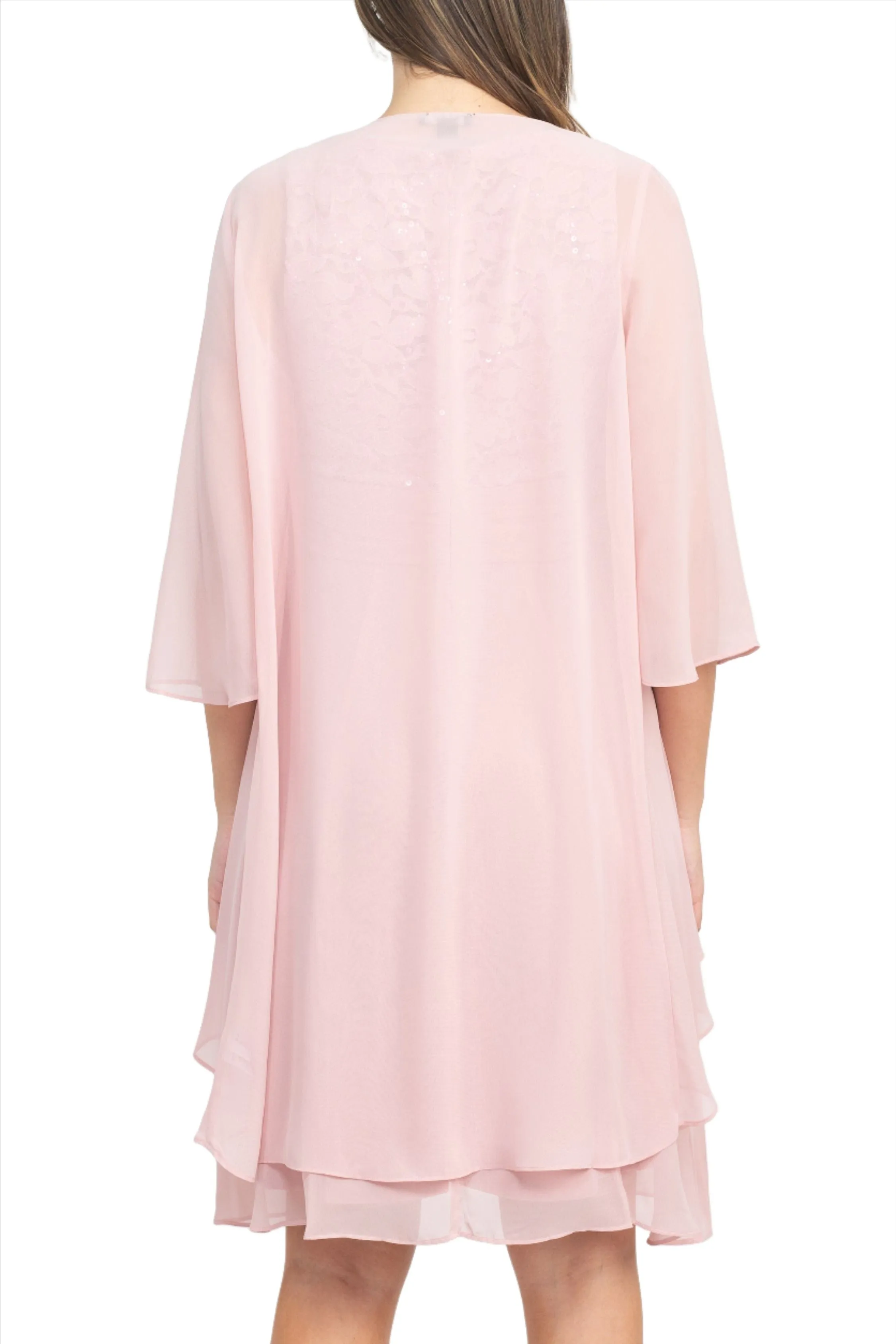Final Sale Item: SL Fashion Scoop Neck Sleeveless Floral Lace Bodice Embellished Waist Dress with 3/4 Sleeve Open Front Jacket