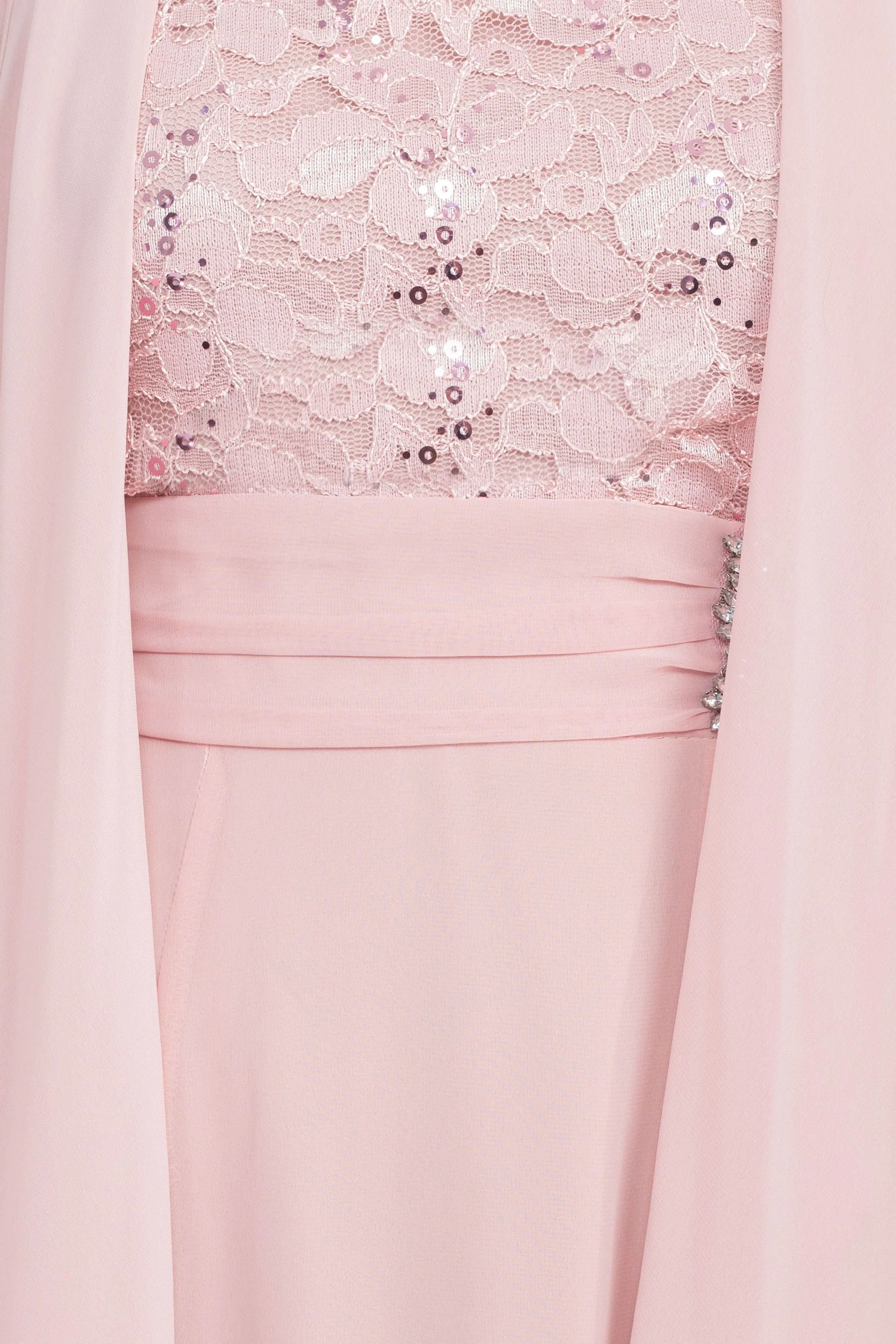 Final Sale Item: SL Fashion Scoop Neck Sleeveless Floral Lace Bodice Embellished Waist Dress with 3/4 Sleeve Open Front Jacket