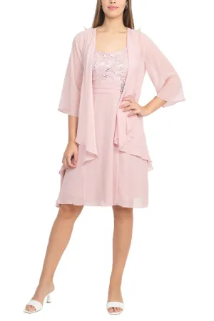 Final Sale Item: SL Fashion Scoop Neck Sleeveless Floral Lace Bodice Embellished Waist Dress with 3/4 Sleeve Open Front Jacket