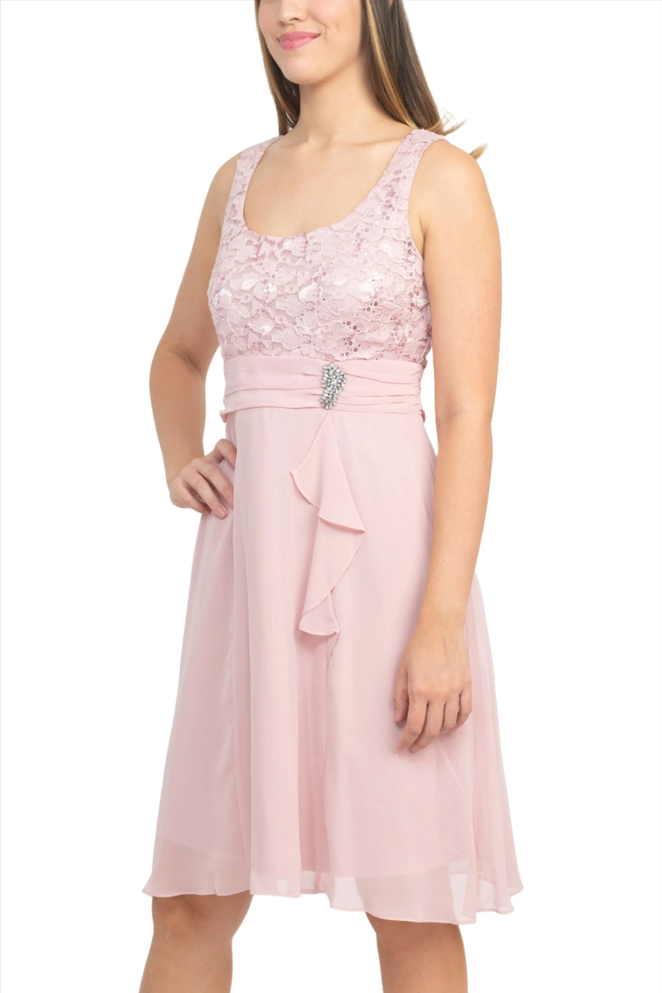 Final Sale Item: SL Fashion Scoop Neck Sleeveless Floral Lace Bodice Embellished Waist Dress with 3/4 Sleeve Open Front Jacket
