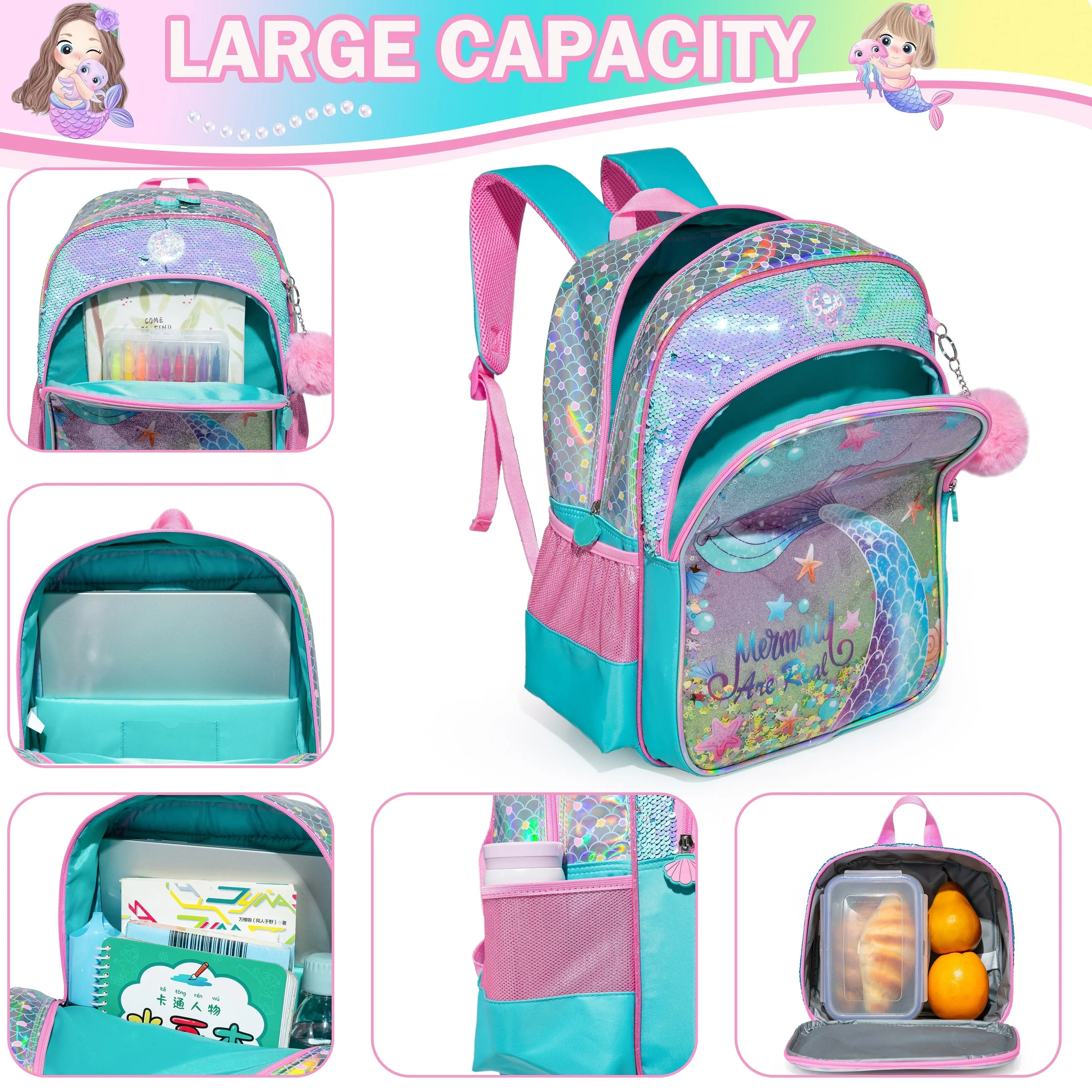 Full Size Cartoon School Backpack Set for Kids Girls