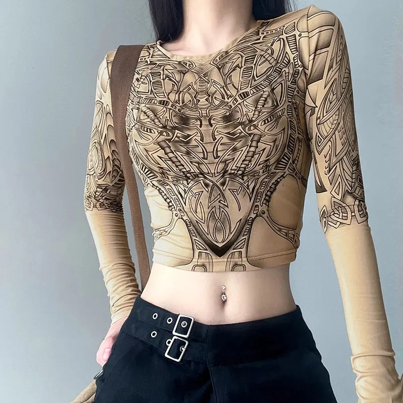 Harajuku Printed Graphic T shirt Women Skinny Long Sleeve Crop Top Y2K Aesthetic 90s Autumn Tee Shirt O Neck Grunge