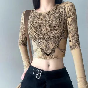 Harajuku Printed Graphic T shirt Women Skinny Long Sleeve Crop Top Y2K Aesthetic 90s Autumn Tee Shirt O Neck Grunge