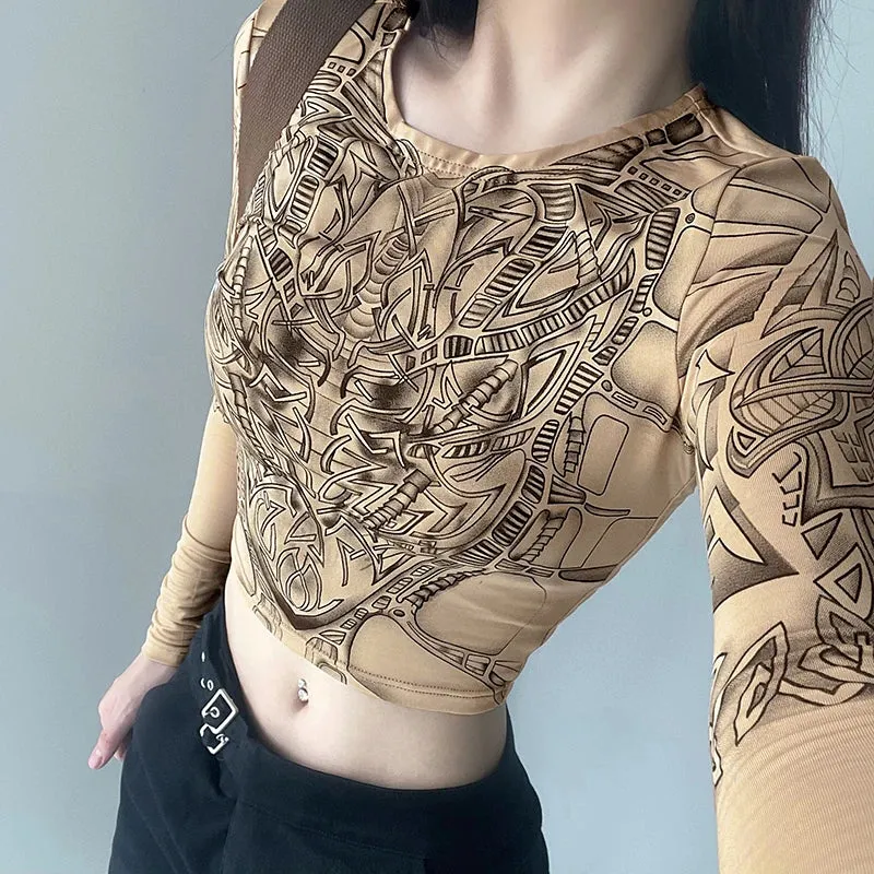 Harajuku Printed Graphic T shirt Women Skinny Long Sleeve Crop Top Y2K Aesthetic 90s Autumn Tee Shirt O Neck Grunge