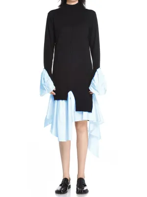 High Street Knitting Sweaters Dress For Women Colorblock Round Neck Loose Long Sleeve Asymmetrical Hem Dresses Female