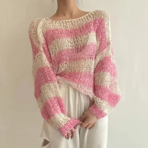 Hit Color Striped Sweaters For Women Round Neck Long Sleeve Loose Casual Sun Protection Sweater Female Clothin