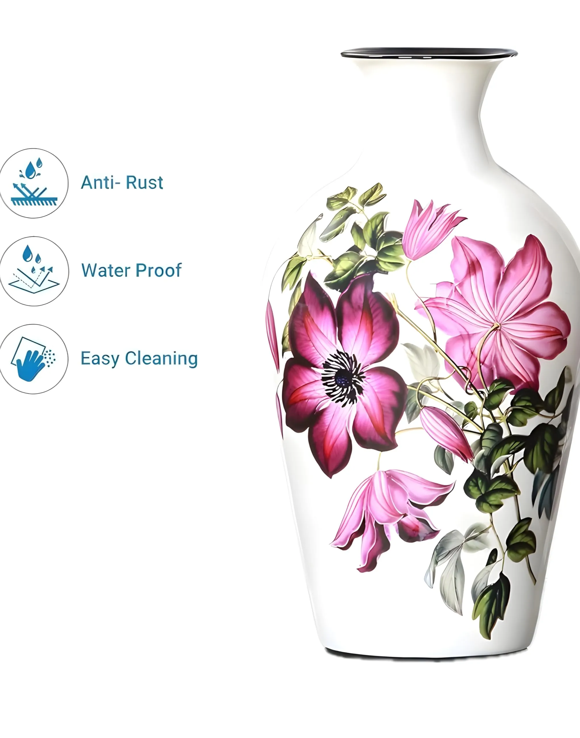 Impression Gallery Flower Vase for Home and Office Decoration (12 x 7 inch) Iron Vase (12" White with Rose Print)