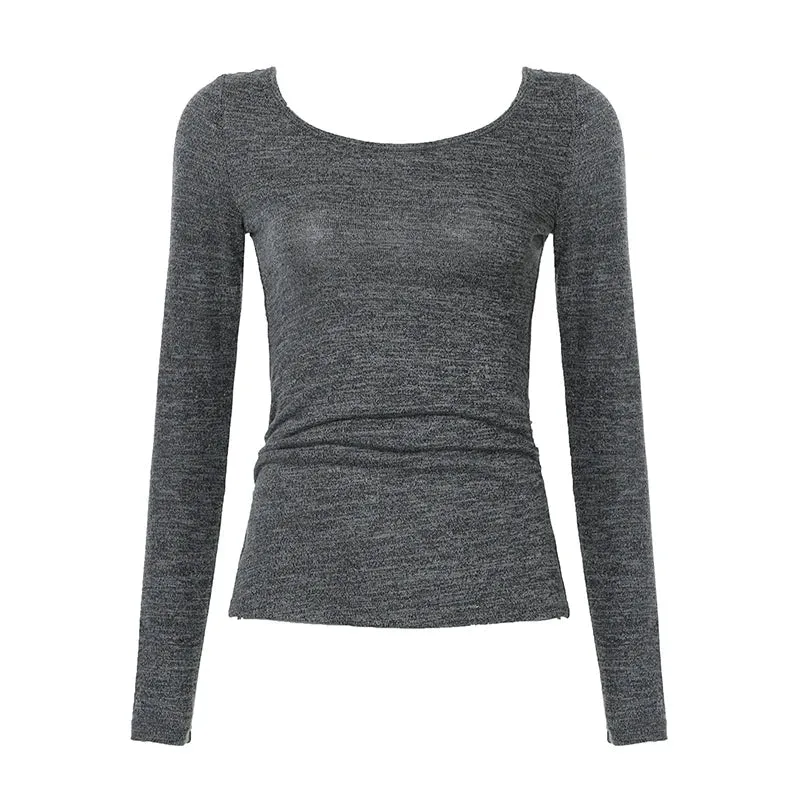 Metaversmall Harajuku Backless Knit Slim Long Sleeve Tee Shirt Jumper Casual Tie-Up Basic Korean Autumn Women's T-shirts Top Folds