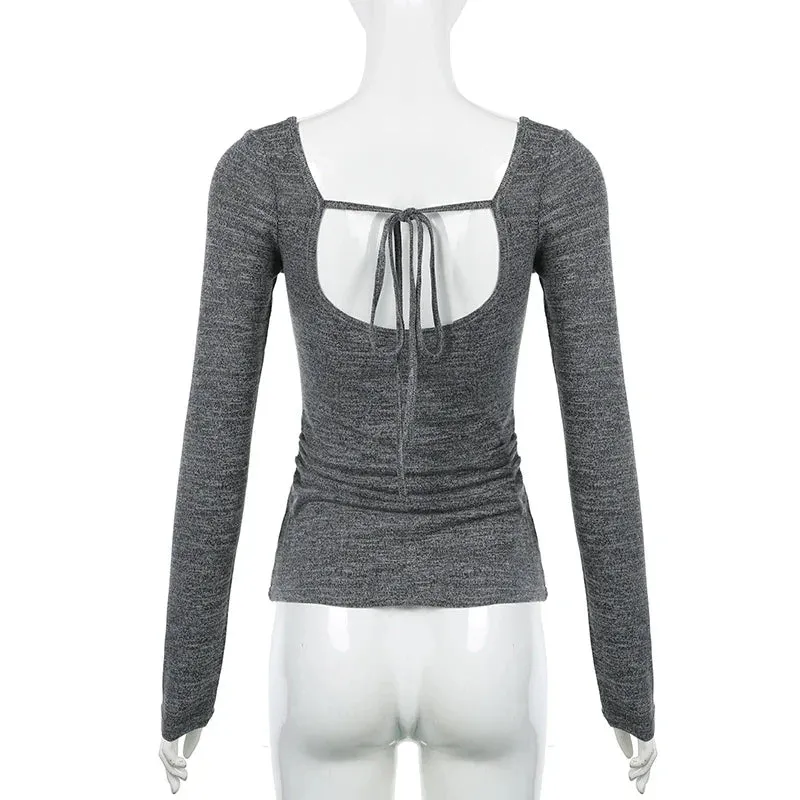 Metaversmall Harajuku Backless Knit Slim Long Sleeve Tee Shirt Jumper Casual Tie-Up Basic Korean Autumn Women's T-shirts Top Folds