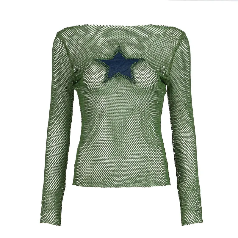 Metaversmall Harajuku Star Appliques Green Fishnet Top Slim Streetwear Summer T shirt Female Hollow Out Basic Tee Shirts Clothing