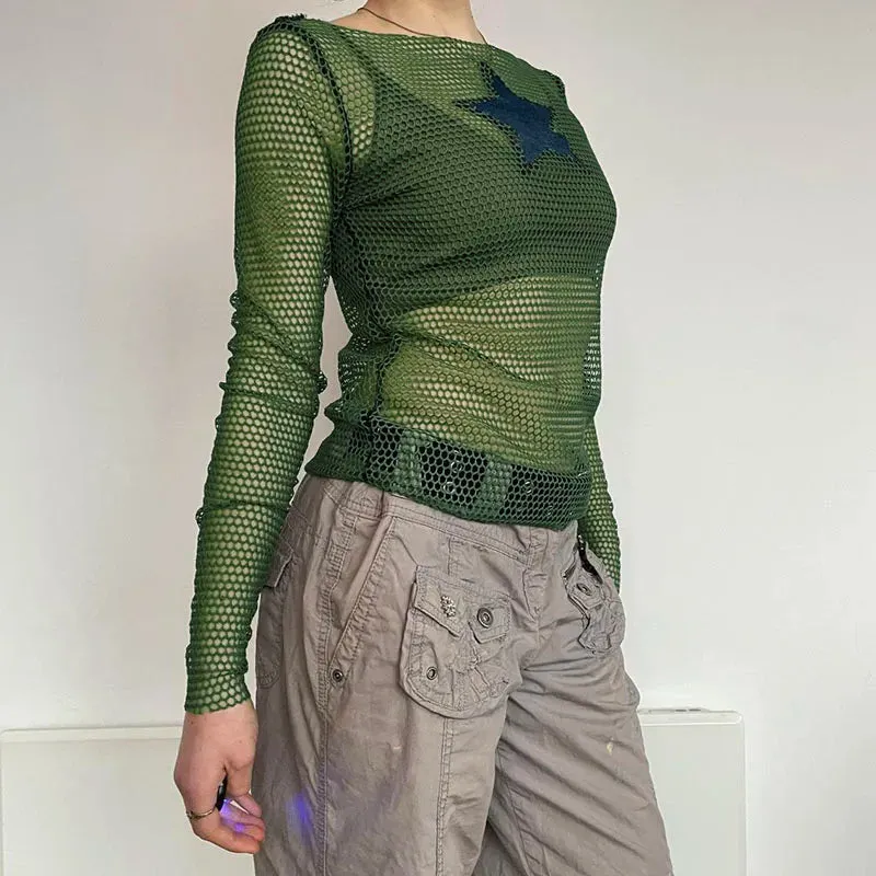 Metaversmall Harajuku Star Appliques Green Fishnet Top Slim Streetwear Summer T shirt Female Hollow Out Basic Tee Shirts Clothing