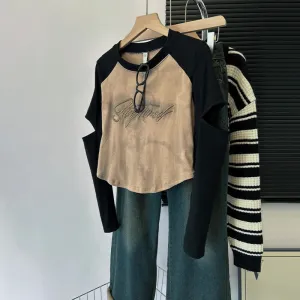 O-neck Vintage Sexy Hollow Out Female T-shirts Long Sleeve Spell Color Letter Print Fashion Women's Blouses Office Lady
