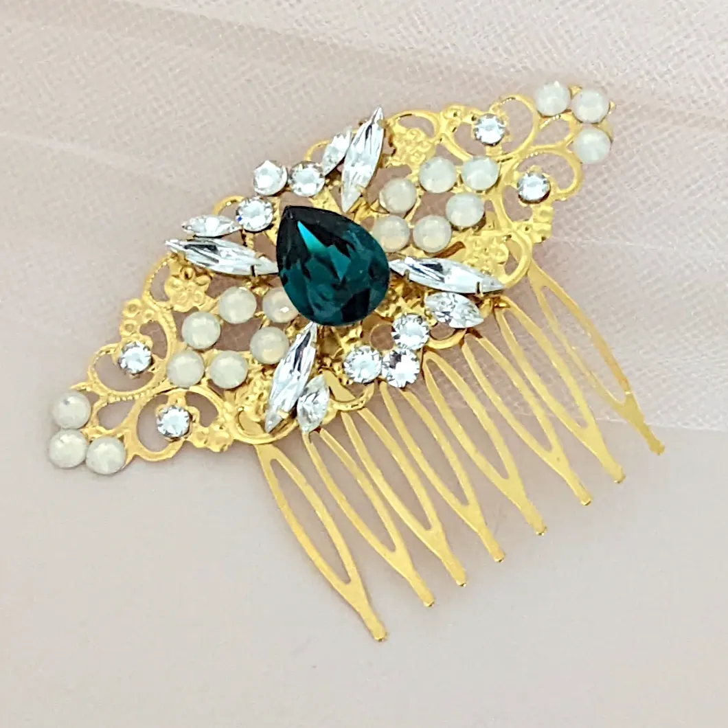 Opal Crystal Emerald Hair Comb Tey