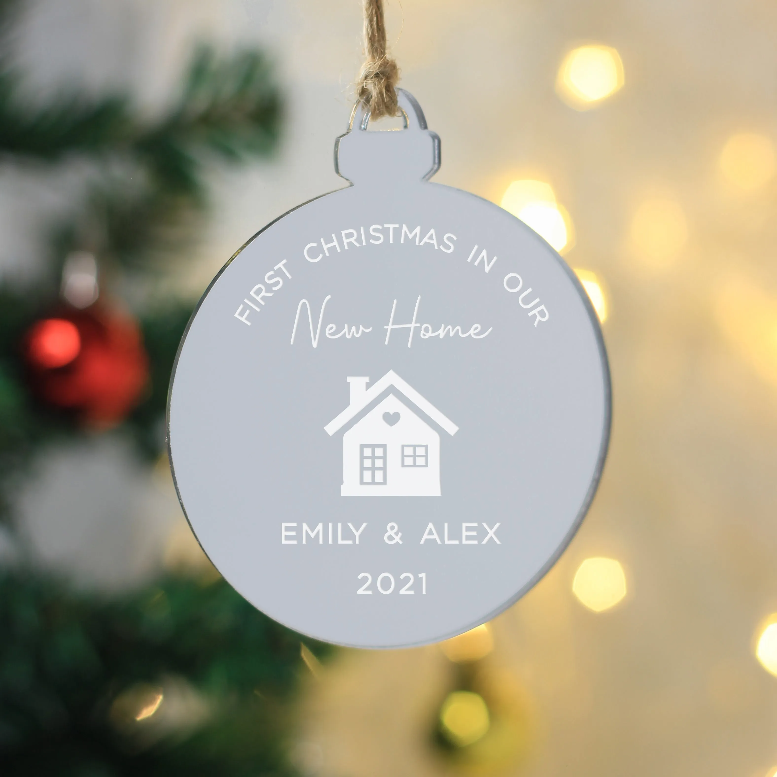 Personalised 'First Christmas in Our New Home' Mirrored Acrylic Bauble